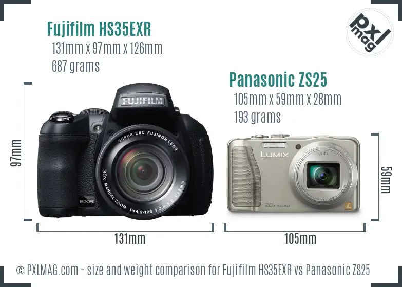 Fujifilm HS35EXR vs Panasonic ZS25 size comparison