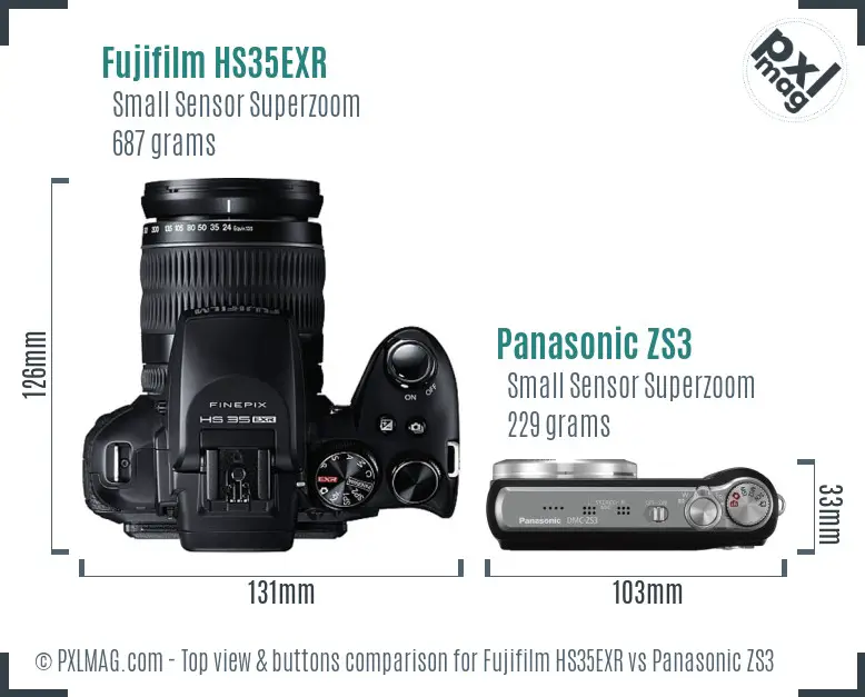 Fujifilm HS35EXR vs Panasonic ZS3 top view buttons comparison