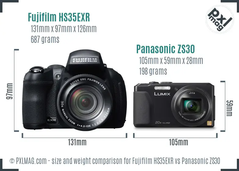 Fujifilm HS35EXR vs Panasonic ZS30 size comparison