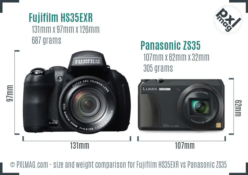Fujifilm HS35EXR vs Panasonic ZS35 size comparison