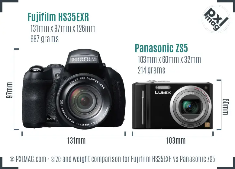 Fujifilm HS35EXR vs Panasonic ZS5 size comparison