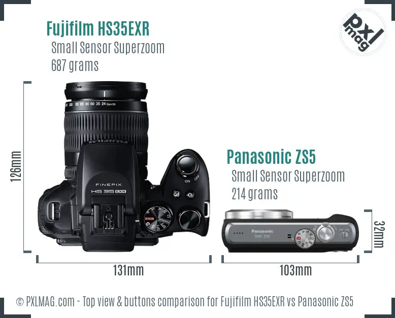 Fujifilm HS35EXR vs Panasonic ZS5 top view buttons comparison