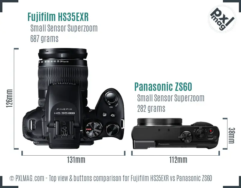 Fujifilm HS35EXR vs Panasonic ZS60 top view buttons comparison