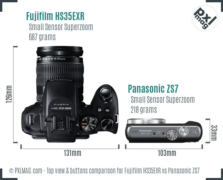 Fujifilm HS35EXR vs Panasonic ZS7 top view buttons comparison