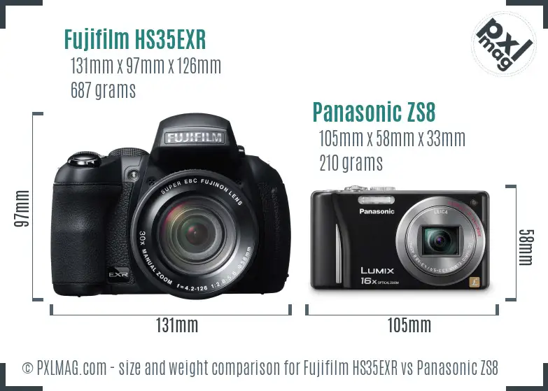 Fujifilm HS35EXR vs Panasonic ZS8 size comparison