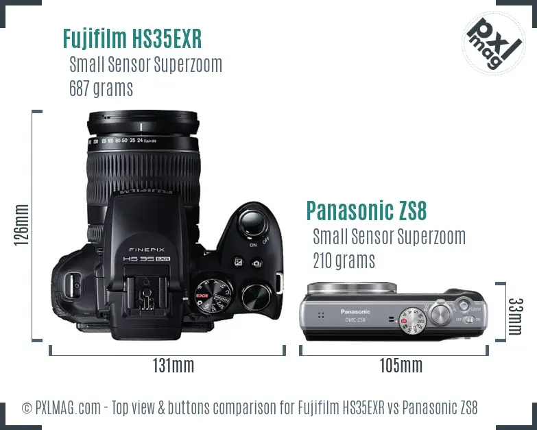 Fujifilm HS35EXR vs Panasonic ZS8 top view buttons comparison