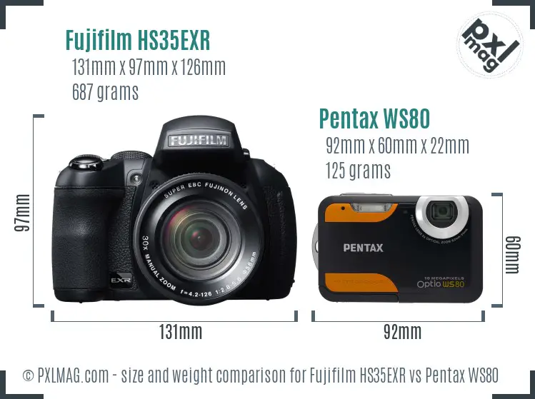 Fujifilm HS35EXR vs Pentax WS80 size comparison