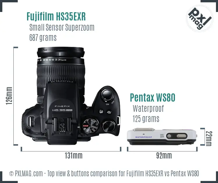 Fujifilm HS35EXR vs Pentax WS80 top view buttons comparison