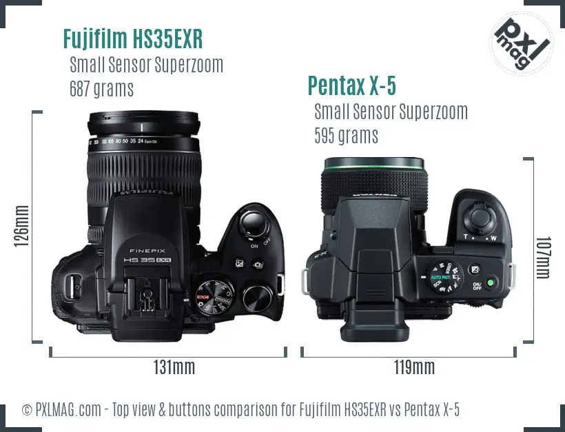 Fujifilm HS35EXR vs Pentax X-5 top view buttons comparison