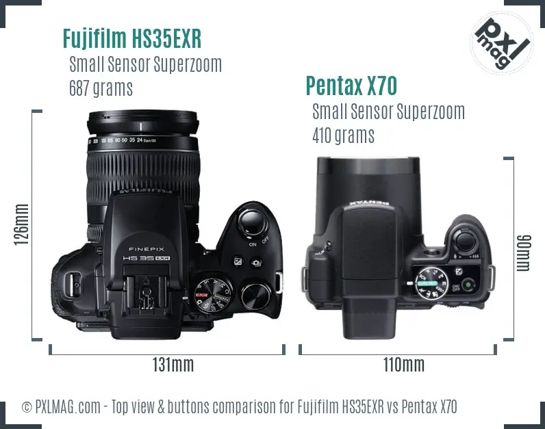 Fujifilm HS35EXR vs Pentax X70 top view buttons comparison