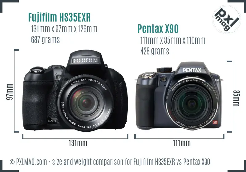 Fujifilm HS35EXR vs Pentax X90 size comparison