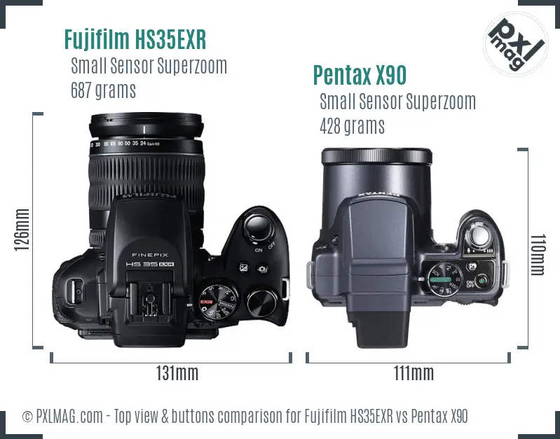 Fujifilm HS35EXR vs Pentax X90 top view buttons comparison