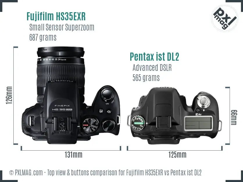 Fujifilm HS35EXR vs Pentax ist DL2 top view buttons comparison
