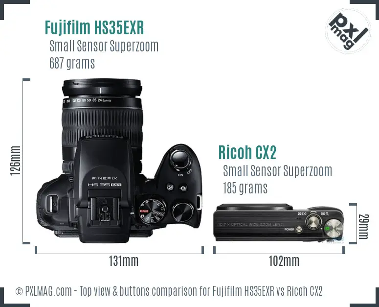 Fujifilm HS35EXR vs Ricoh CX2 top view buttons comparison