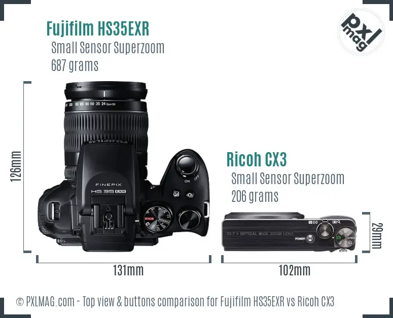 Fujifilm HS35EXR vs Ricoh CX3 top view buttons comparison