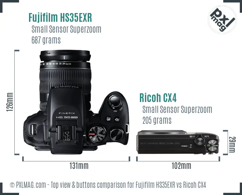 Fujifilm HS35EXR vs Ricoh CX4 top view buttons comparison