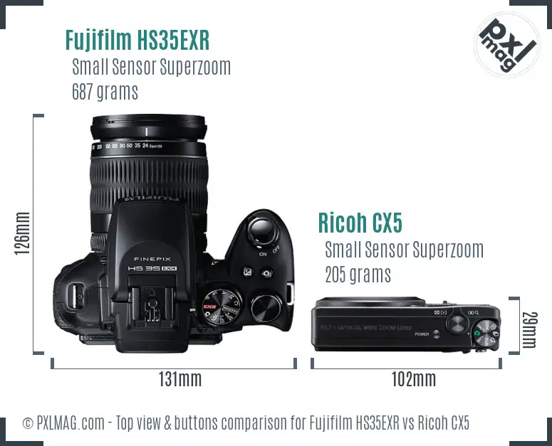 Fujifilm HS35EXR vs Ricoh CX5 top view buttons comparison