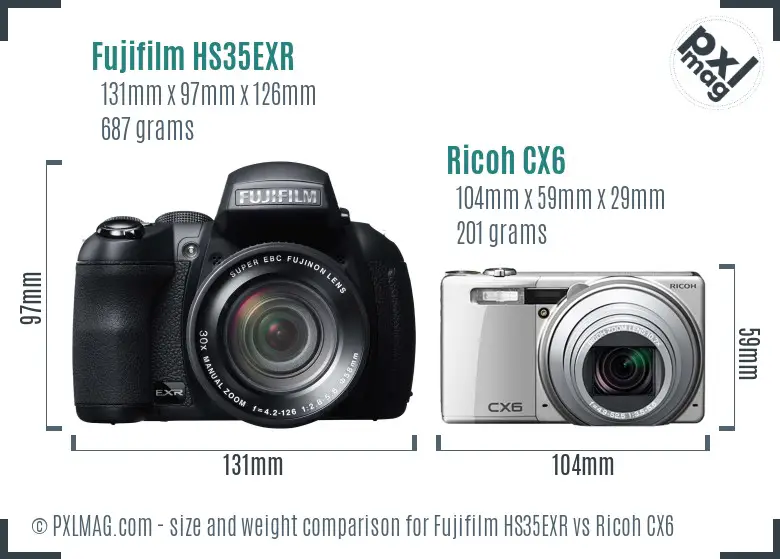 Fujifilm HS35EXR vs Ricoh CX6 size comparison