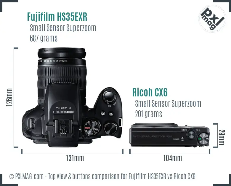 Fujifilm HS35EXR vs Ricoh CX6 top view buttons comparison