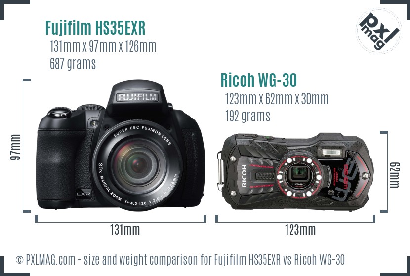 Fujifilm HS35EXR vs Ricoh WG-30 size comparison