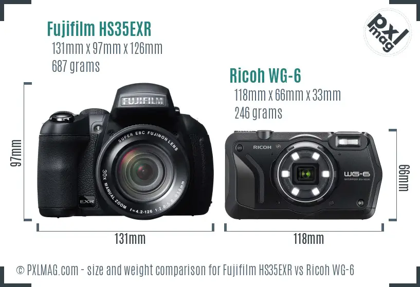 Fujifilm HS35EXR vs Ricoh WG-6 size comparison