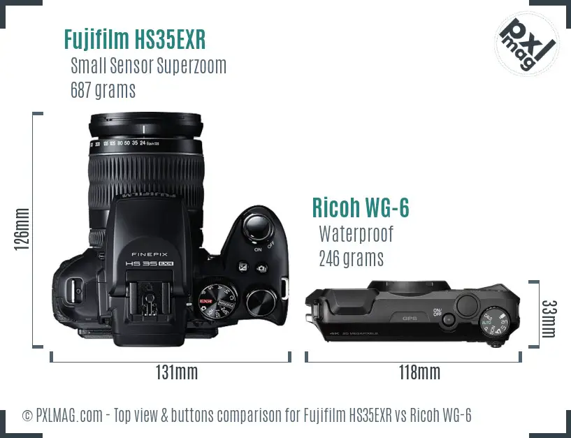 Fujifilm HS35EXR vs Ricoh WG-6 top view buttons comparison