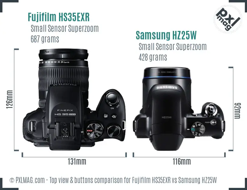Fujifilm HS35EXR vs Samsung HZ25W top view buttons comparison
