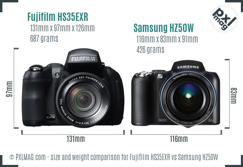 Fujifilm HS35EXR vs Samsung HZ50W size comparison