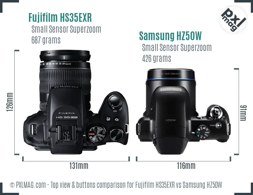 Fujifilm HS35EXR vs Samsung HZ50W top view buttons comparison