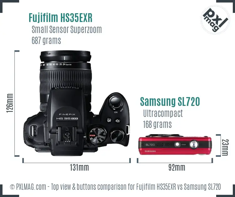 Fujifilm HS35EXR vs Samsung SL720 top view buttons comparison