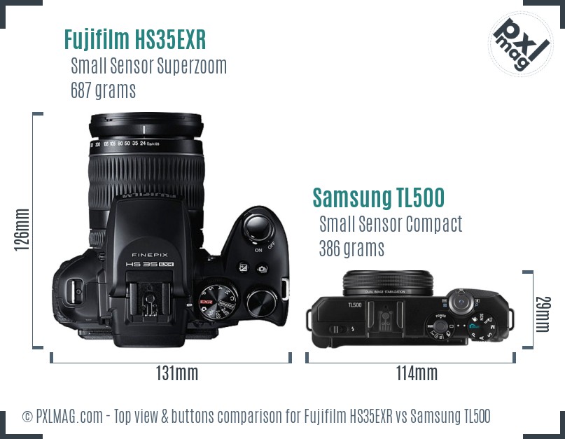 Fujifilm HS35EXR vs Samsung TL500 top view buttons comparison