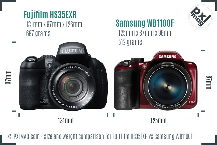 Fujifilm HS35EXR vs Samsung WB1100F size comparison