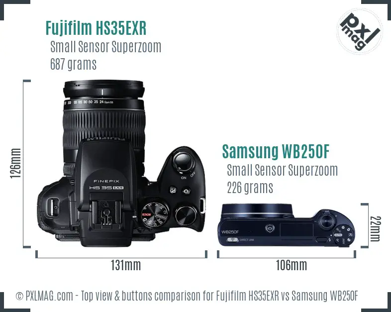 Fujifilm HS35EXR vs Samsung WB250F top view buttons comparison