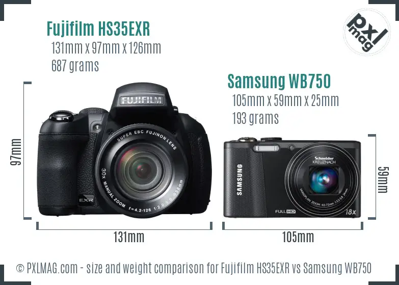 Fujifilm HS35EXR vs Samsung WB750 size comparison