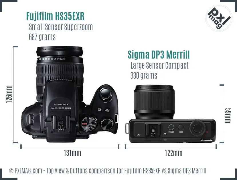 Fujifilm HS35EXR vs Sigma DP3 Merrill top view buttons comparison
