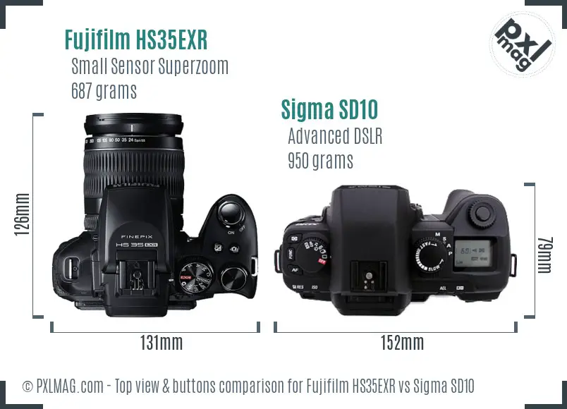 Fujifilm HS35EXR vs Sigma SD10 top view buttons comparison