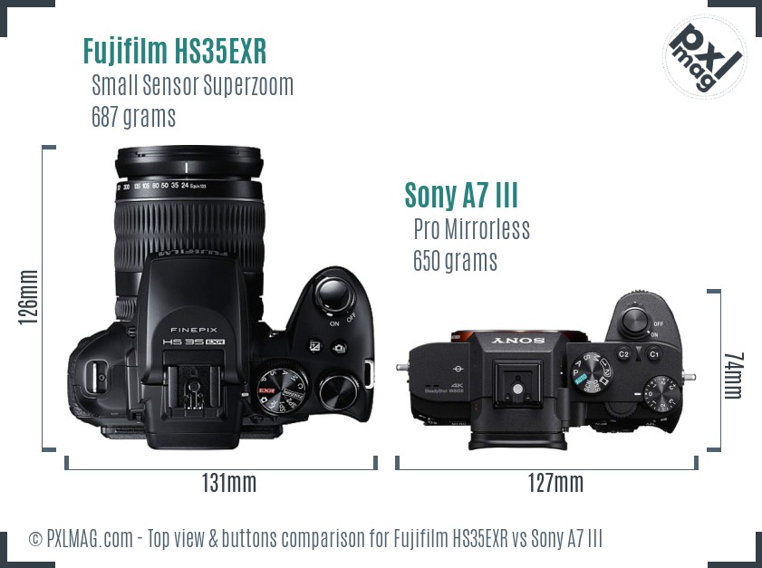 Fujifilm HS35EXR vs Sony A7 III top view buttons comparison