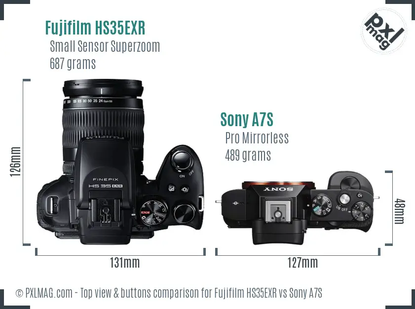 Fujifilm HS35EXR vs Sony A7S top view buttons comparison