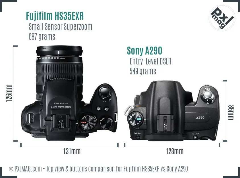 Fujifilm HS35EXR vs Sony A290 top view buttons comparison
