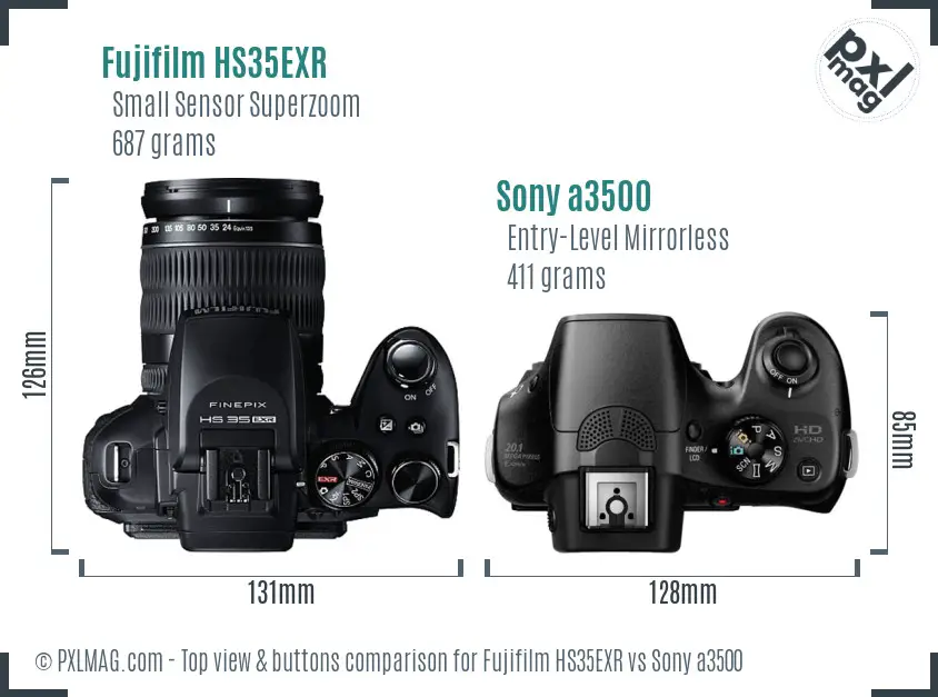 Fujifilm HS35EXR vs Sony a3500 top view buttons comparison