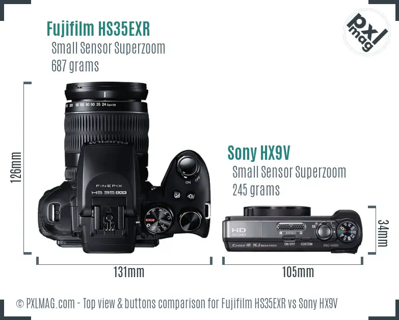 Fujifilm HS35EXR vs Sony HX9V top view buttons comparison