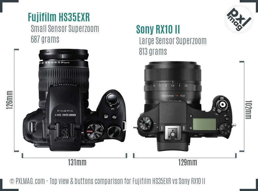Fujifilm HS35EXR vs Sony RX10 II top view buttons comparison