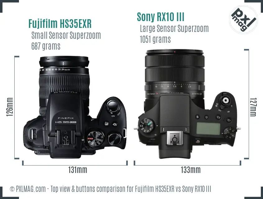 Fujifilm HS35EXR vs Sony RX10 III top view buttons comparison