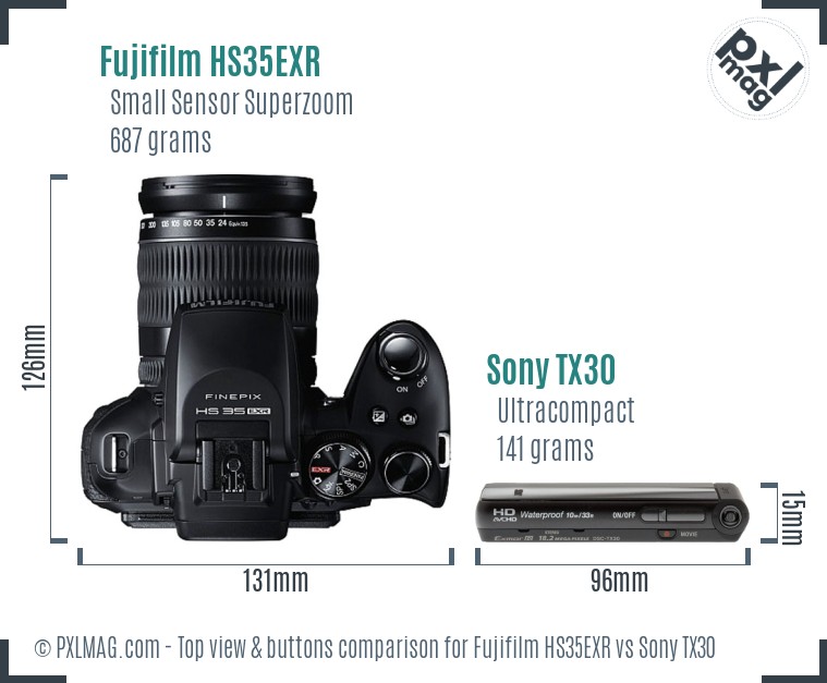 Fujifilm HS35EXR vs Sony TX30 top view buttons comparison