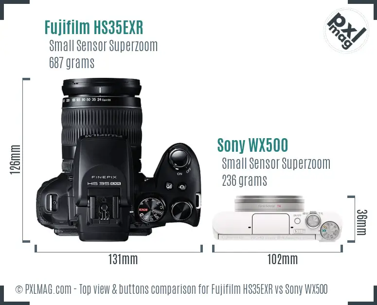 Fujifilm HS35EXR vs Sony WX500 top view buttons comparison