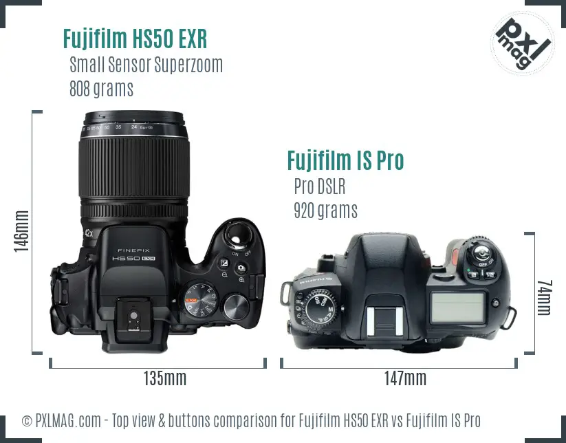 Fujifilm HS50 EXR vs Fujifilm IS Pro top view buttons comparison