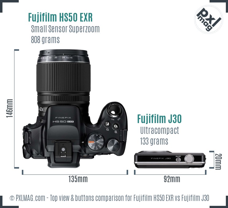 Fujifilm HS50 EXR vs Fujifilm J30 top view buttons comparison