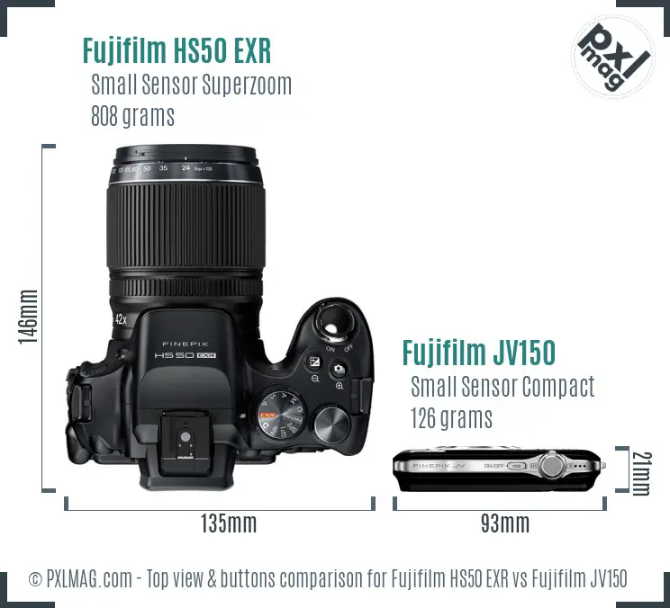 Fujifilm HS50 EXR vs Fujifilm JV150 top view buttons comparison Fujifilm HS50 EXR vs Fujifilm JV150 top view buttons comparison