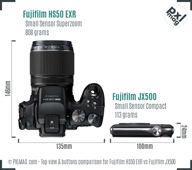 Fujifilm HS50 EXR vs Fujifilm JX500 top view buttons comparison Fujifilm HS50 EXR vs Fujifilm JX500 top view buttons comparison