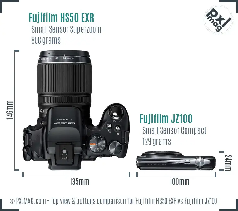 Fujifilm HS50 EXR vs Fujifilm JZ100 top view buttons comparison